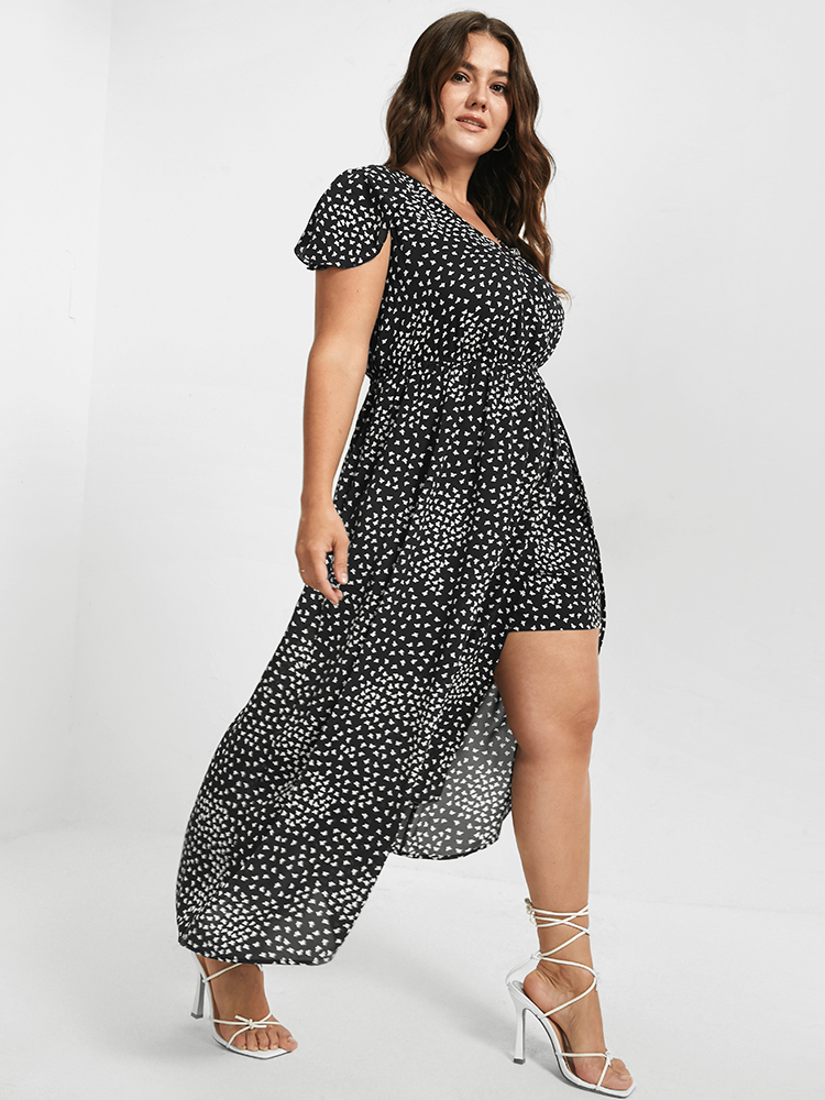 Plus Size V Neck Butterfly Pattern Split Dress Multicolor Women Elegant Gathered V-neck Cap Sleeve Curvy Midi Dress BloomChic 10/M 